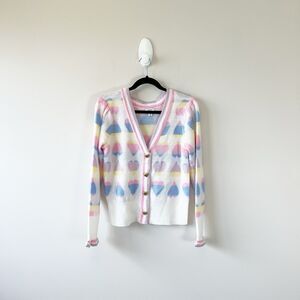 Crown & Ivy Pastel Rainbow Heart Print Cardigan Gold Heart Snap Button 90s XS/S